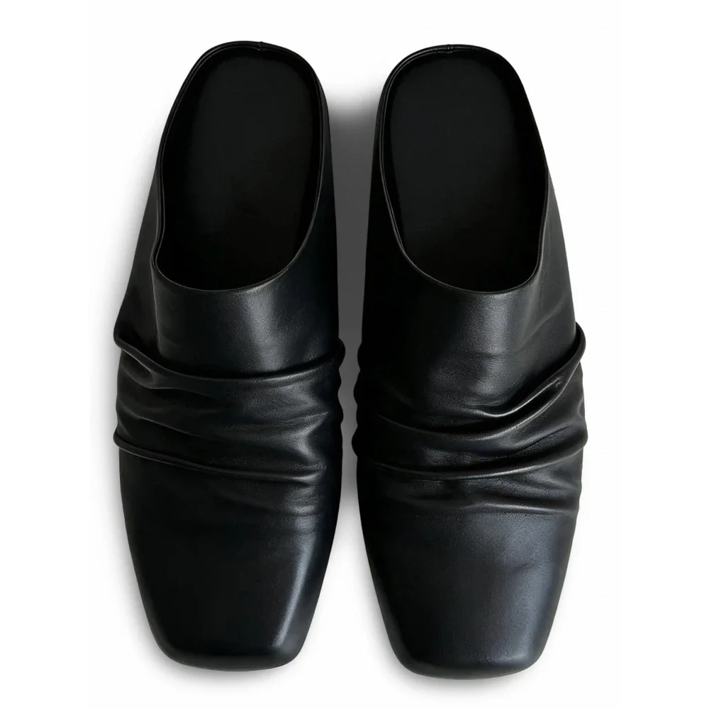 Black Faux Leather Ruched Square Toe Mules Mens Sz 8.5 Flat Slip On Slides